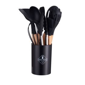 11pcs Wooden Handle Silicone Kitchen Utensils Set Storage Bucket Non-stick Shovel Spoon Cooking Kitchen Utensils 11 Pieces Set Silicone Shovel Sp (Color: Black)