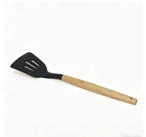 Wooden handle silicone cooking utensils, heat-resistant non-stick kitchen tools including spoon rests, egg beaters, tongs and spatulas (style: slotted spatula)